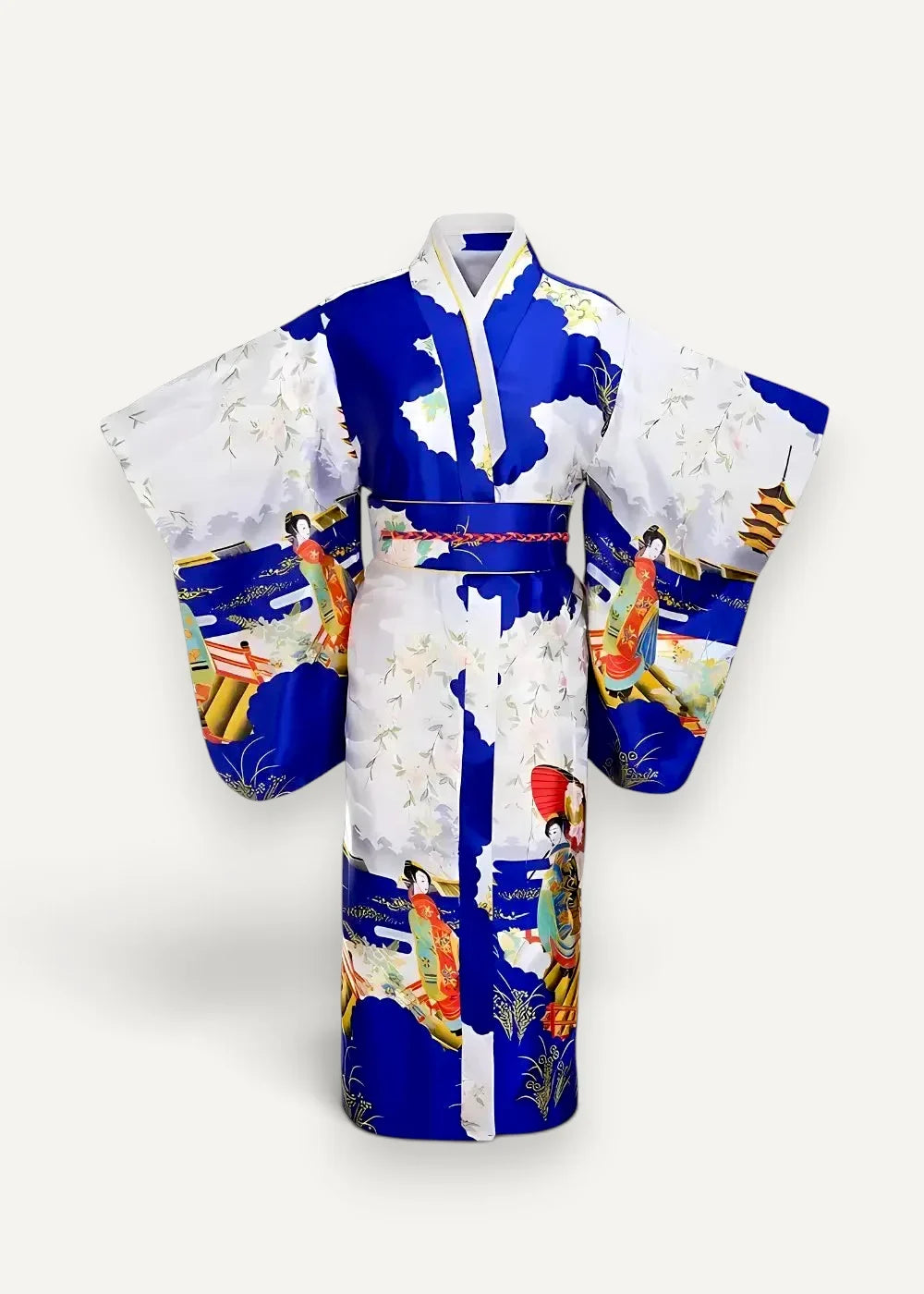 A vibrant blue and white satin dressing robe with intricate japanese illustrations of geishas pagodas and cherry blossoms