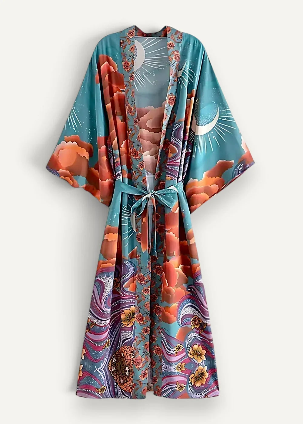 A teal and orange celestial-themed satin kimono dress with flowing wide sleeves made from silk