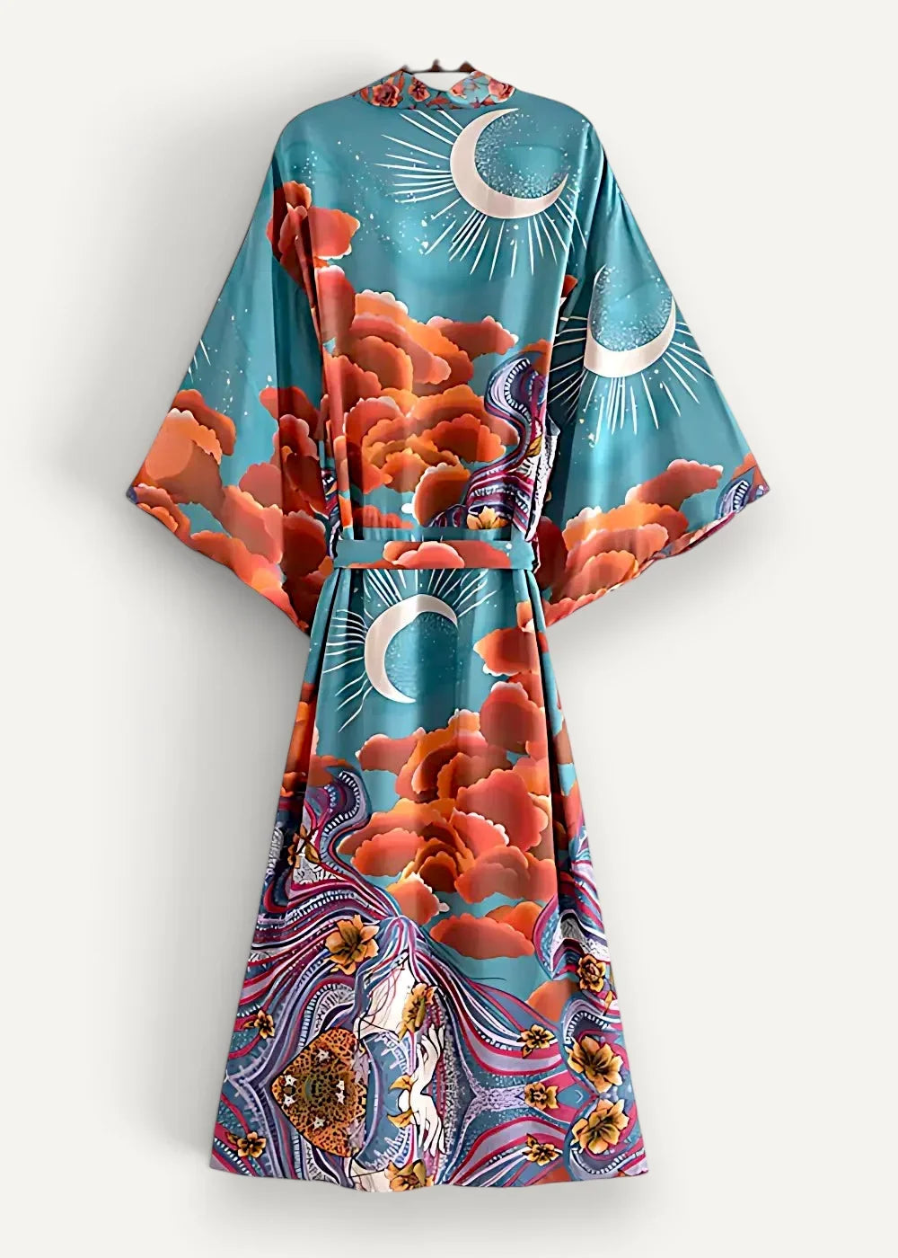 Teal satin kimono dress with vibrant celestial print of orange clouds white crescent moons and swirling purple patterns