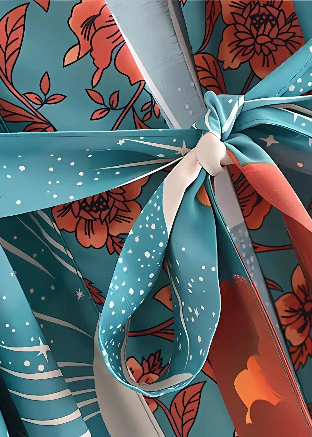 Close-up of the satin kimono dress tie, teal with floral and star patterns knotted in a bow