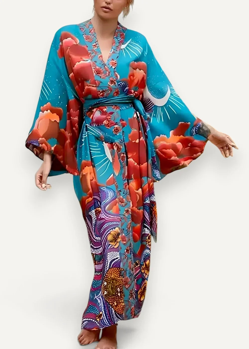 A vibrant turquoise and red floral-patterned satin kimono dress with flowing wide sleeves