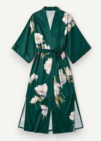 Emerald green satin kimono robe with white and lavender peony floral pattern and matching belt tied at the waist