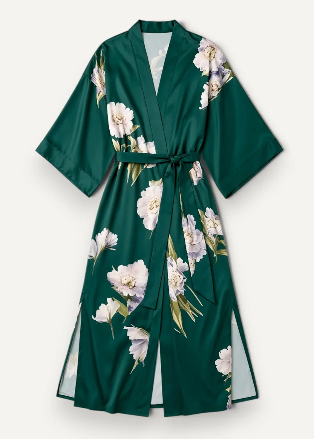 Emerald green satin kimono robe with white and lavender peony floral pattern and matching belt tied at the waist