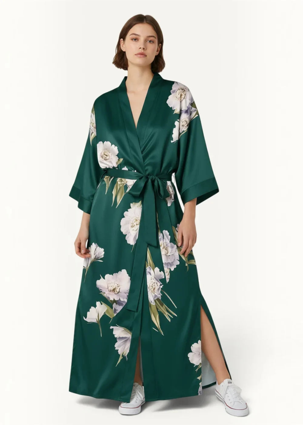 Emerald green satin kimono robe with white and lavender peony floral pattern v-neckline tie belt and side slit