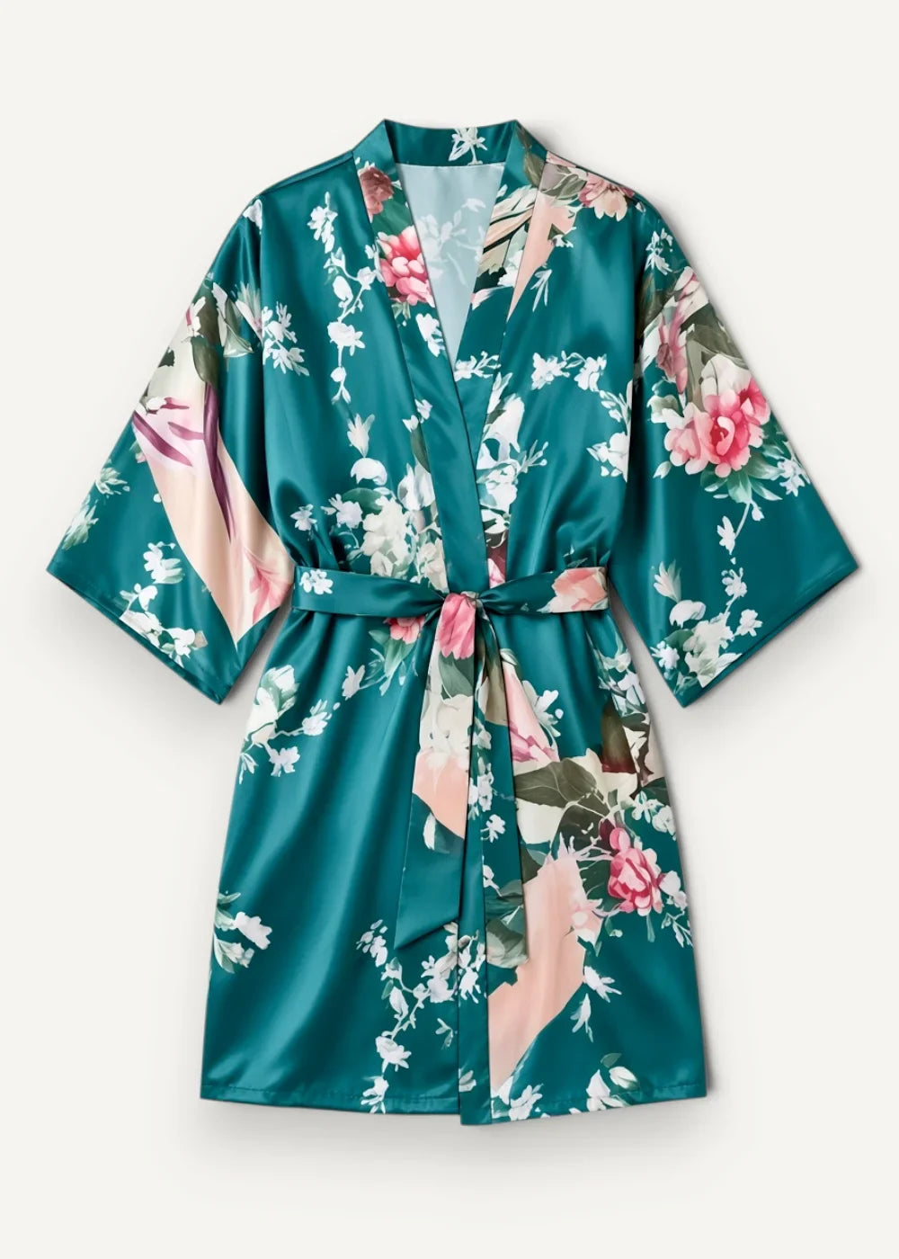 Emerald green satin kimono short with floral pattern of pink roses white blossoms and soft peach accents