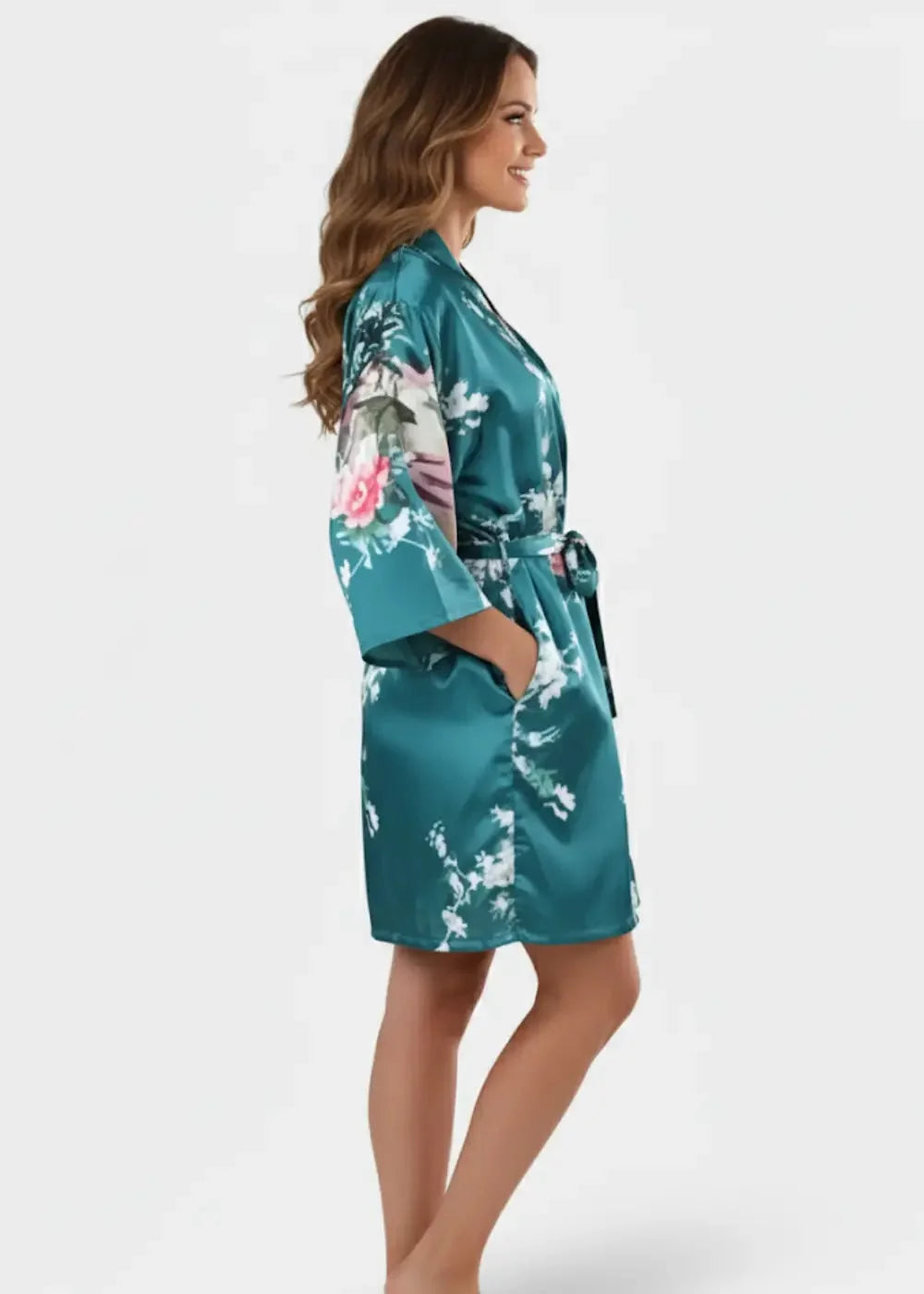 Teal satin kimono short robe with floral pattern and three-quarter sleeves for elegant loungewear