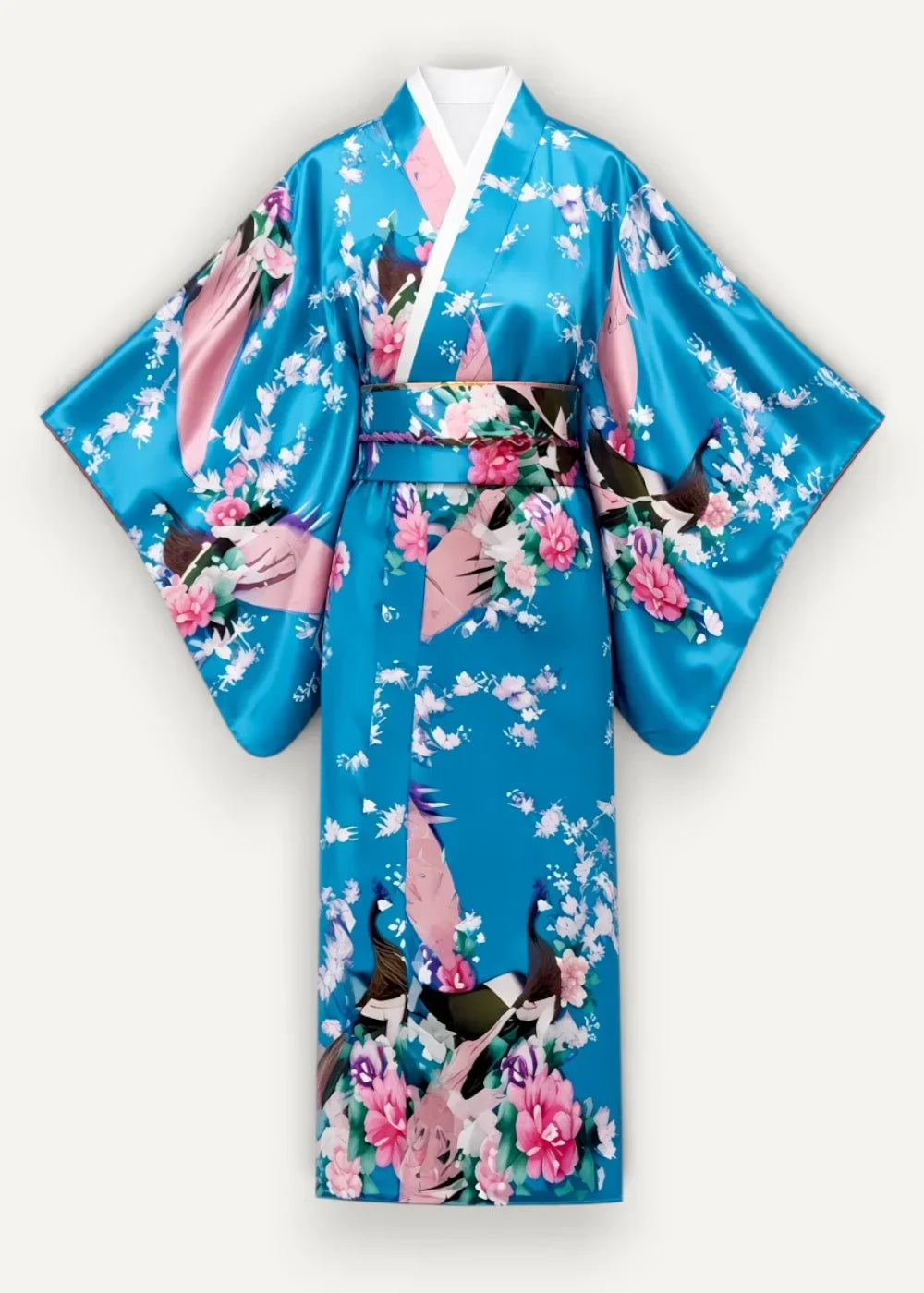 A vibrant blue satin kimono with pink peonies black and white birds wide sleeves and a matching belt
