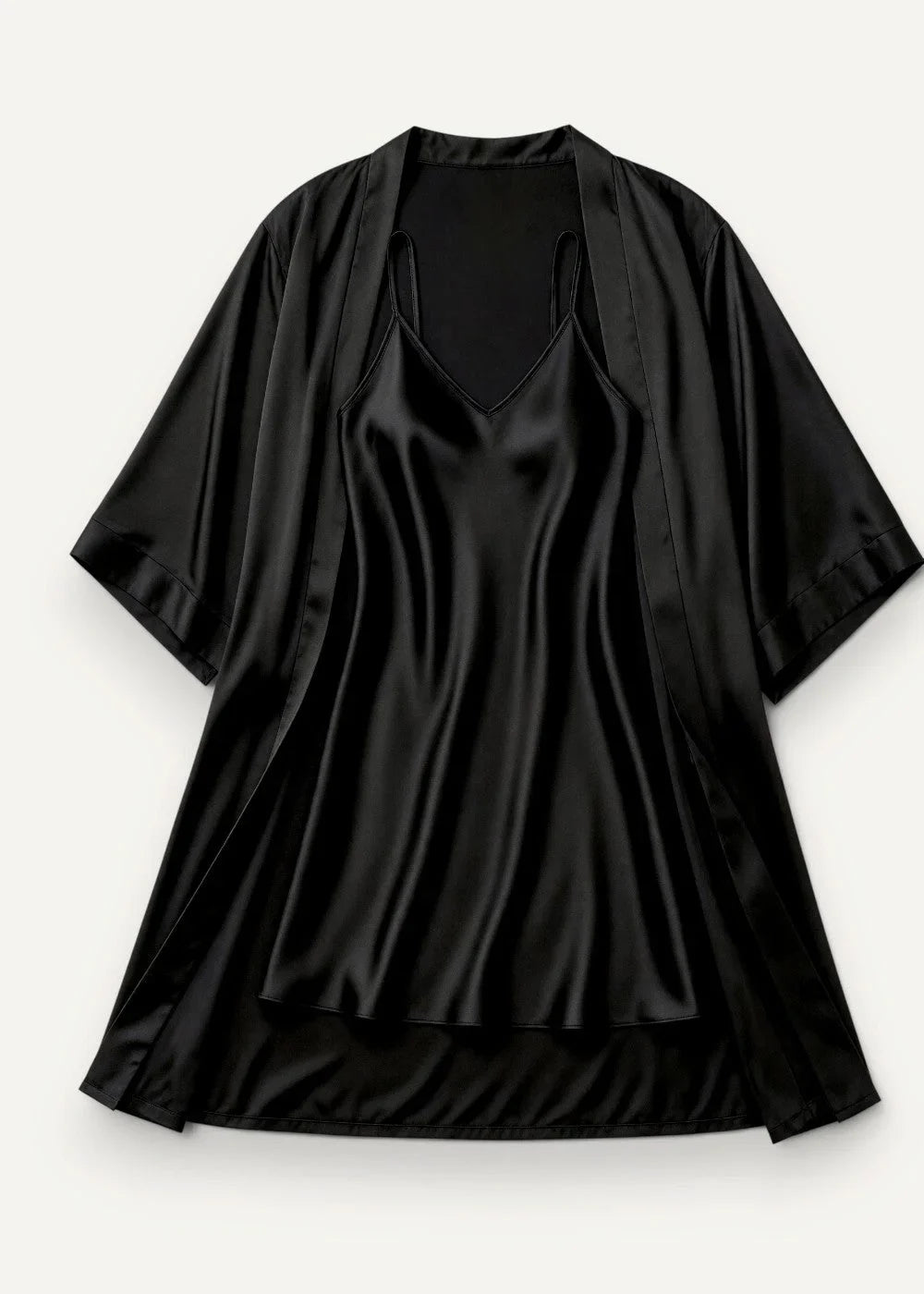 Black satin robe with short sleeves and v-neckline from satin night gown with robe set