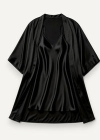 Black satin robe with short sleeves and v-neckline from satin night gown with robe set