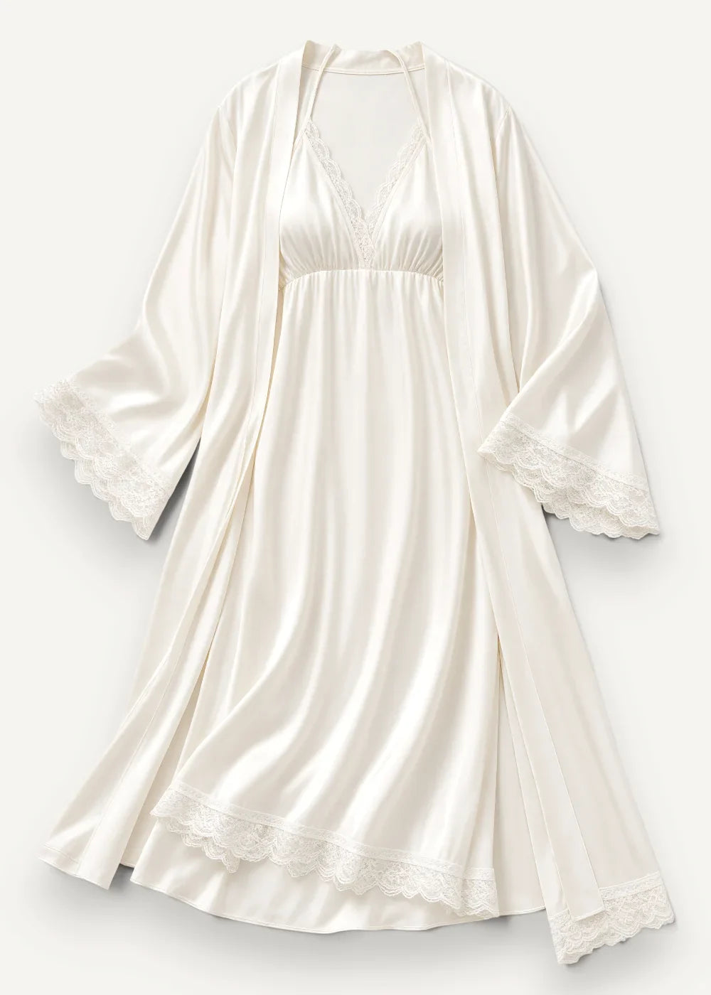 Cream-colored satin nightgown with delicate lace trim on neckline sleeves and hem from satin nightgown and robe set