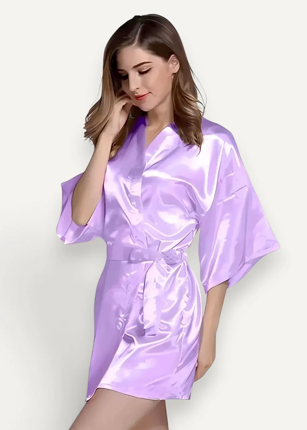 A lavender satin robe for women with a wrap-around design and matching belt made of smooth satin fabric