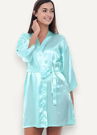 A light blue satin robe for women with v-neckline three quarter sleeves and a matching waist belt