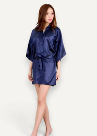 A navy blue satin robe for women featuring a tie belt and wide flowing sleeves for elegant comfort