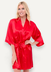 A vibrant red satin robe for women with a v-neckline, three-quarter sleeves, and a waist tie