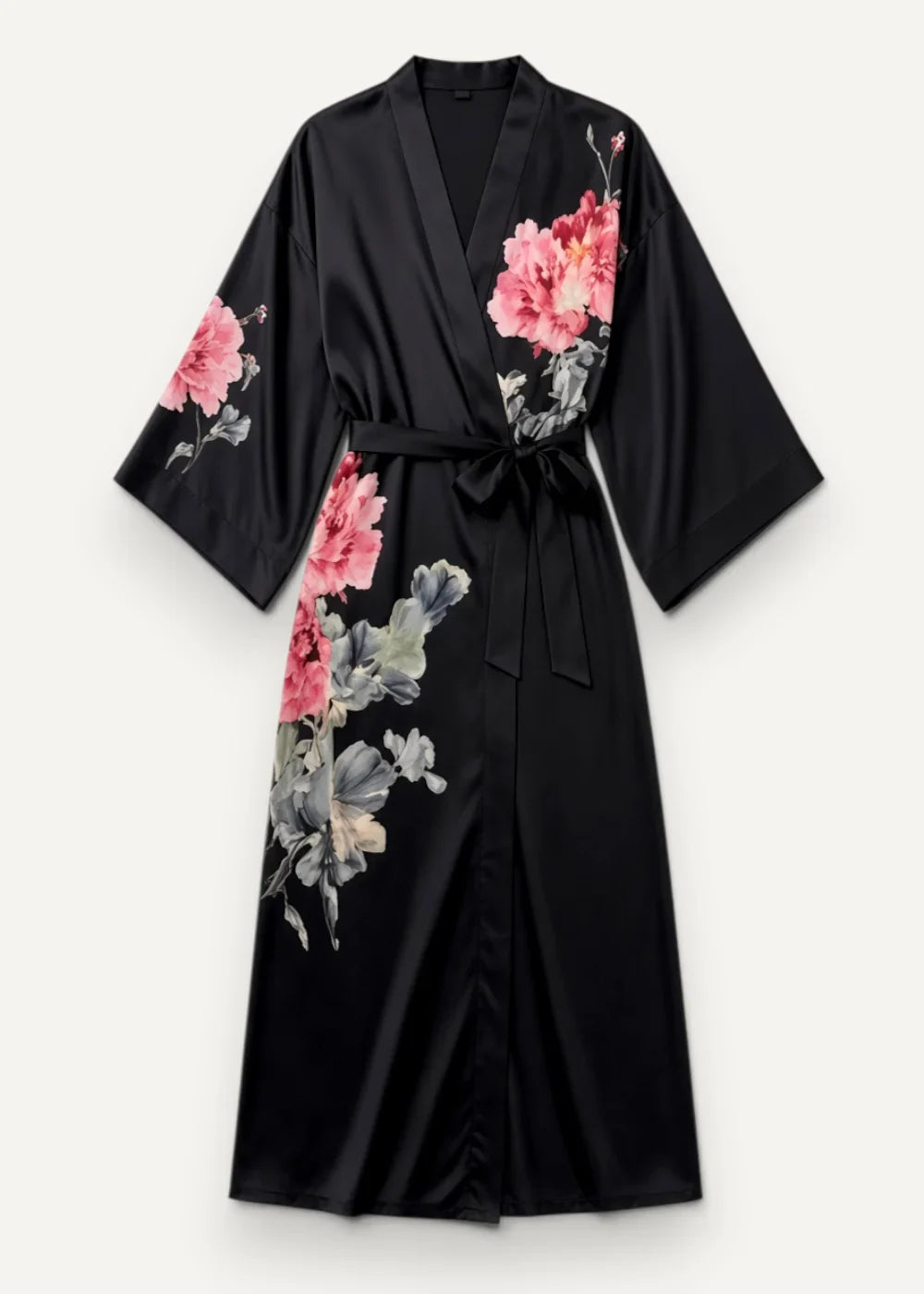 Black satin robe lingerie with vibrant pink and gray floral embroidery on front and sleeves