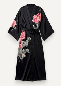 Black satin robe lingerie with vibrant pink and gray floral embroidery on front and sleeves