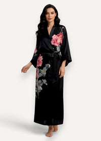 Black satin robe lingerie with vibrant pink and gray floral print showcasing elegant silky fabric and design