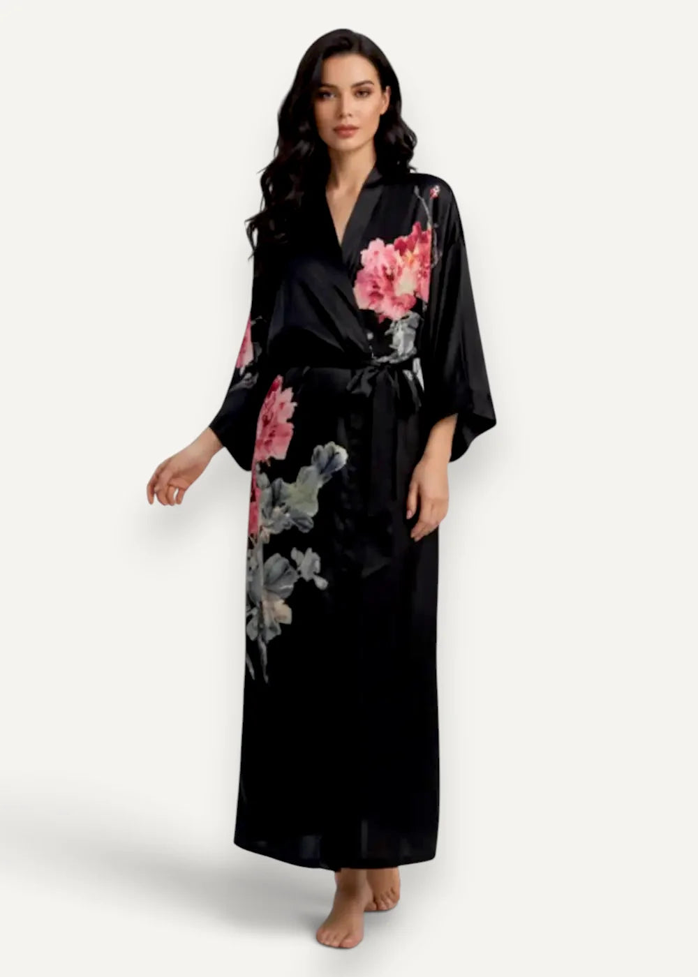 Black satin robe lingerie with vibrant pink and gray floral print showcasing elegant silky fabric and design
