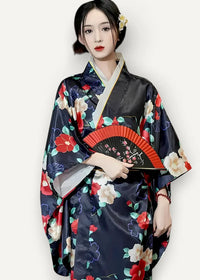 A dark navy satin robe nightwear kimono with vibrant red white and blue floral silk patterns