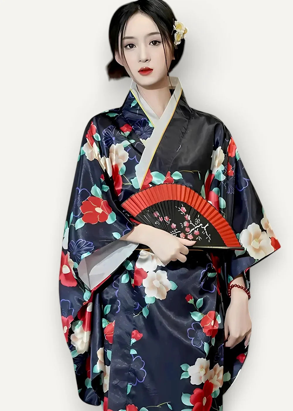 A dark navy satin robe nightwear kimono with vibrant red white and blue floral silk patterns