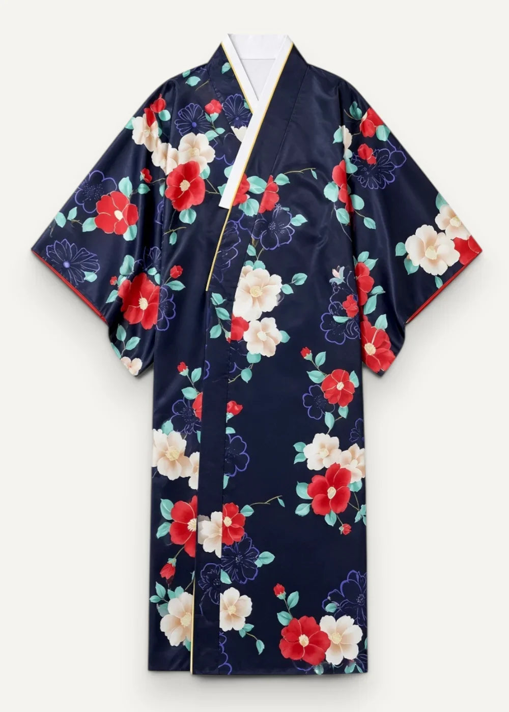 A navy blue silk satin robe nightwear with red and cream flowers teal leaves white collar and gold trim seams