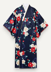 A navy blue silk satin robe nightwear with red and cream flowers teal leaves white collar and gold trim seams