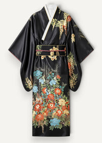 Black satin kimono satin robe sleepwear with vibrant red blue and gold floral embroidery