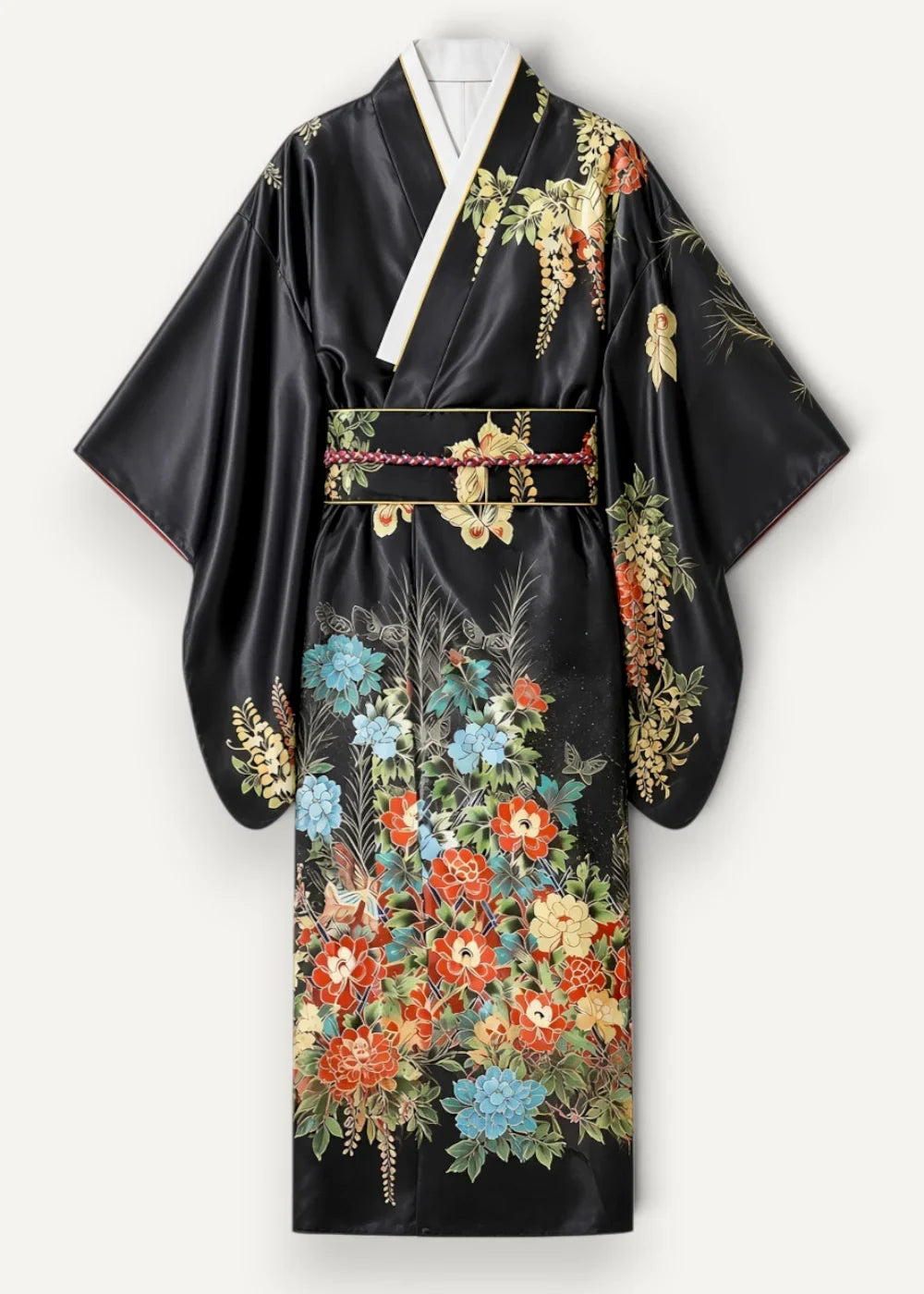 Black satin kimono satin robe sleepwear with vibrant red blue and gold floral embroidery
