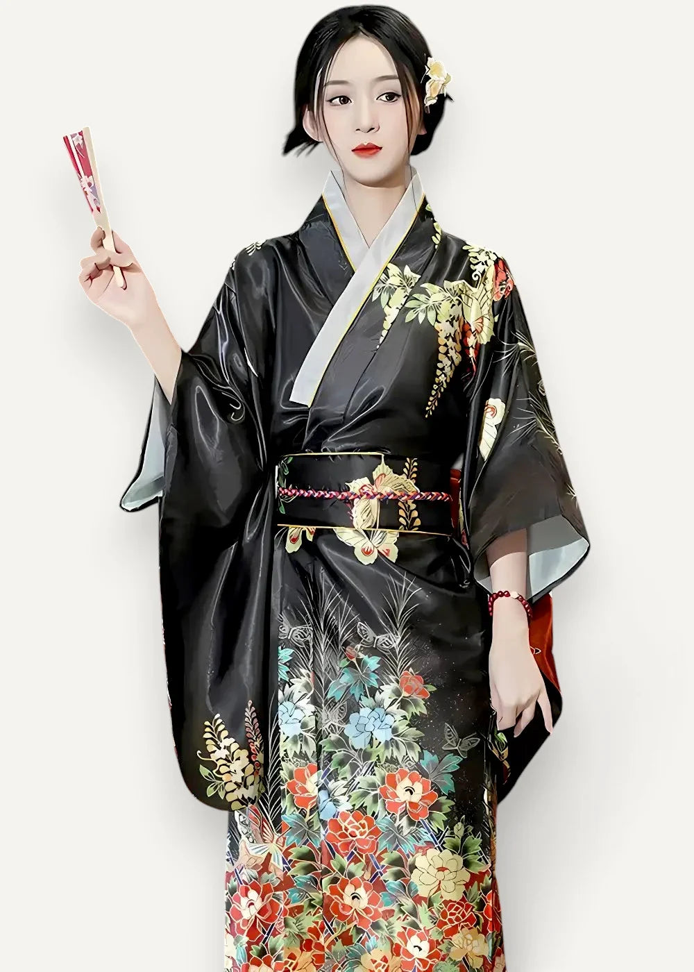 Black silk satin robe sleepwear with vibrant red orange blue and gold floral embroidery front view