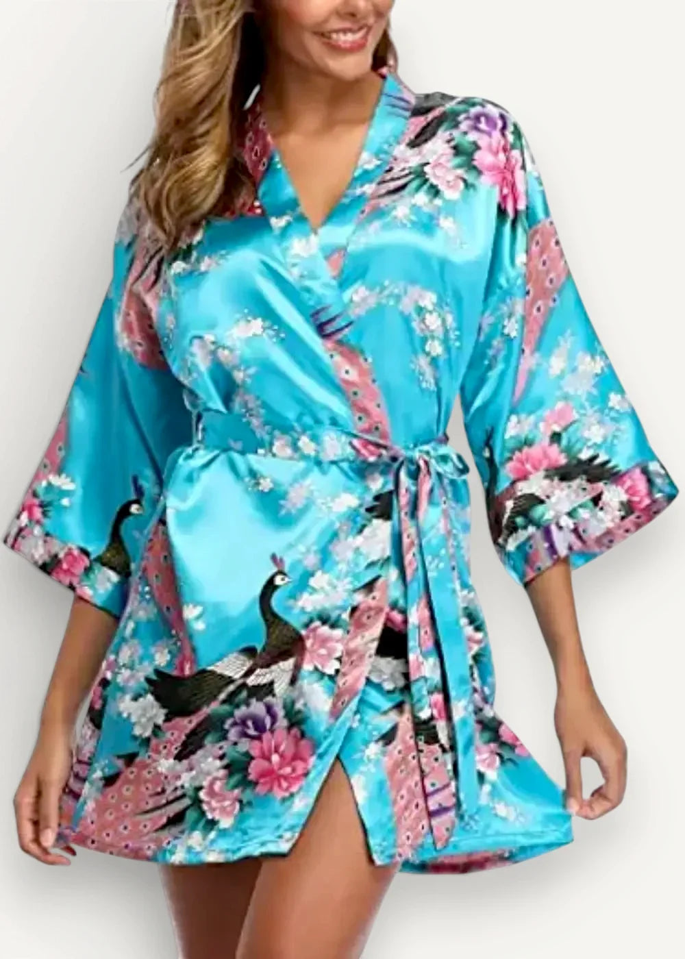 Turquoise satin wrap robe with floral and peacock pattern featuring pink and purple accents for elegant wear