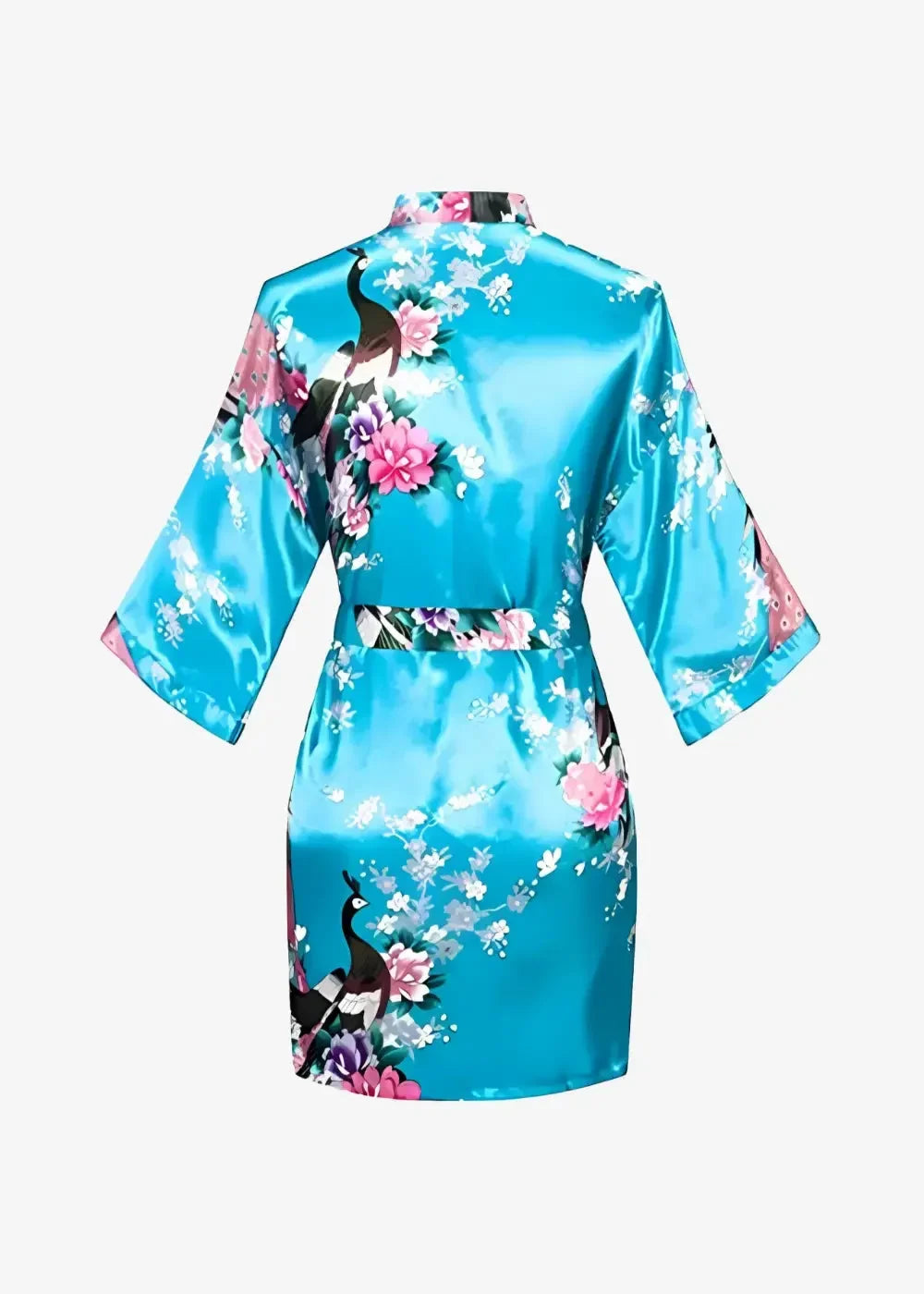 A vibrant turquoise satin wrap robe with elegant black peacock and pink floral patterns for stylish comfort