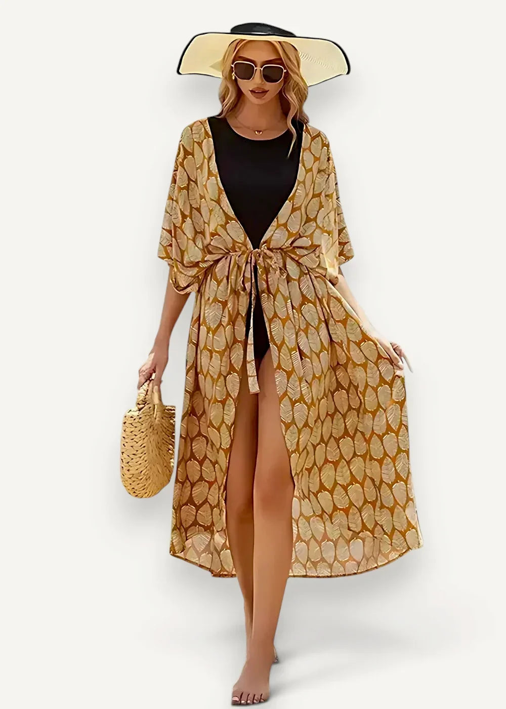 Sheer beach cover up kimono with golden-brown leaf pattern tie front and three quarter sleeves