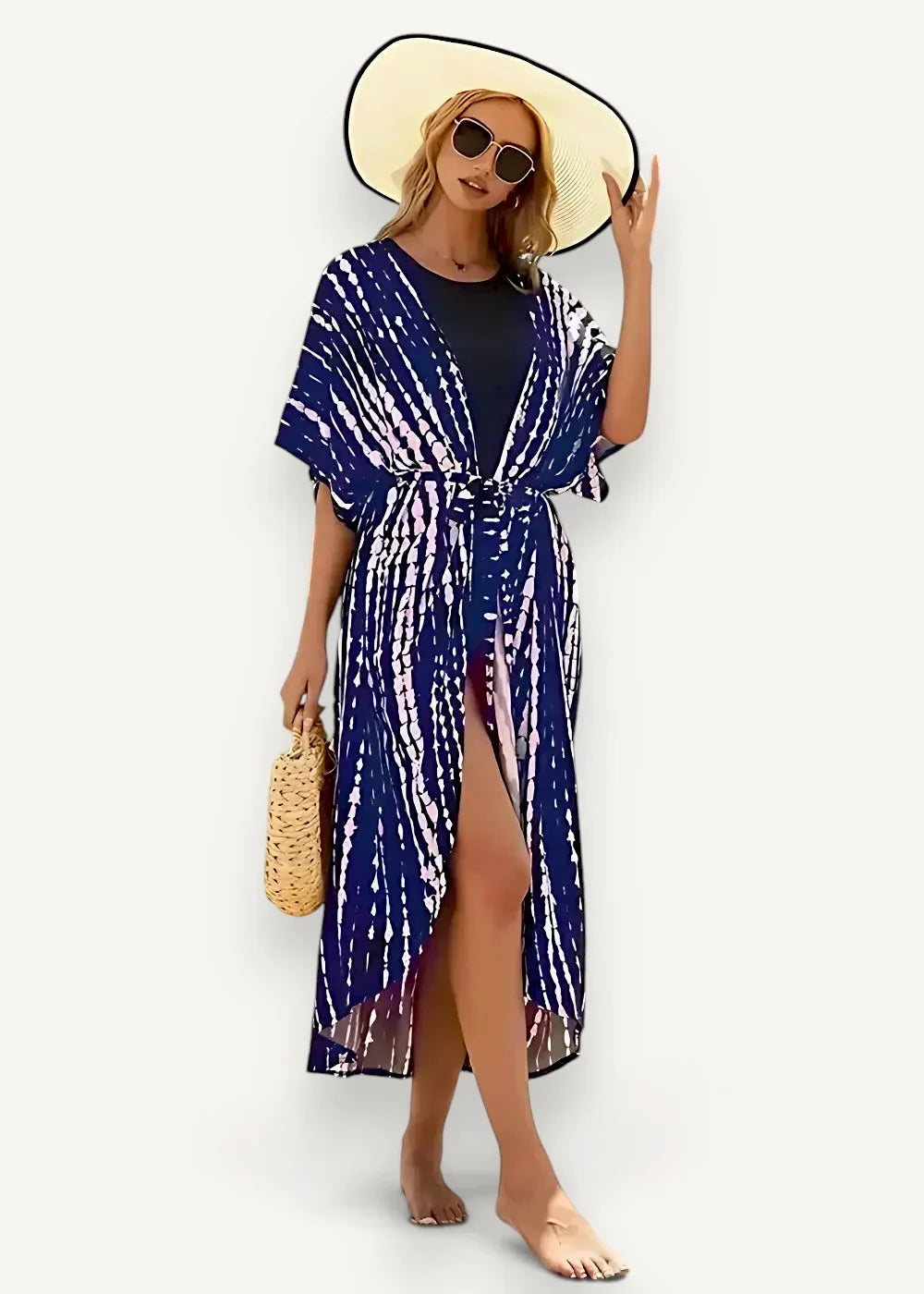 Sheer beach kimono flowing blue and white tie dye kaftan with high slit belted at the waist