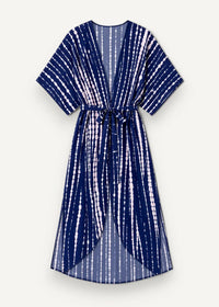 Navy blue and white tie-dye sheer beach kimono dress with v-neckline short sleeves and self-tie belt