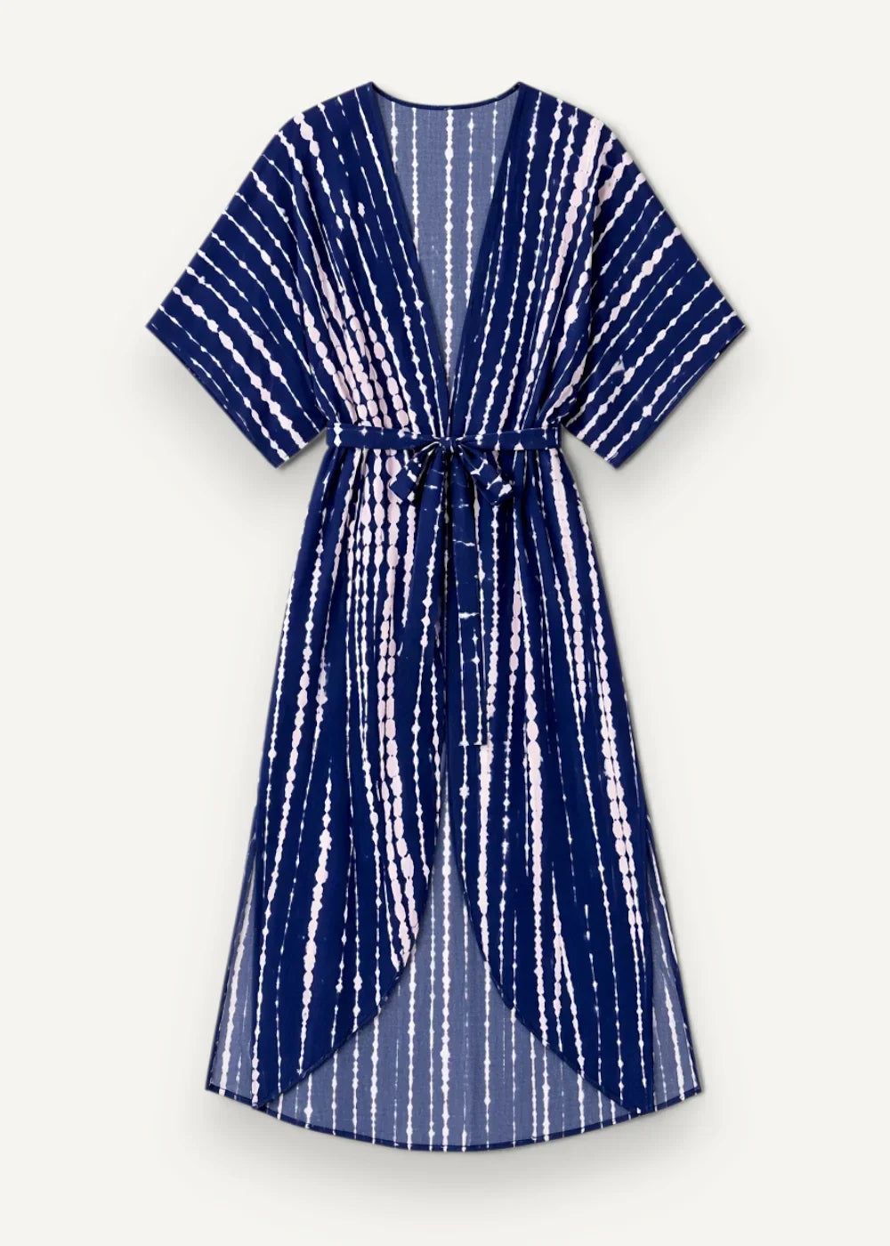 Navy blue and white tie-dye sheer beach kimono dress with v-neckline short sleeves and self-tie belt
