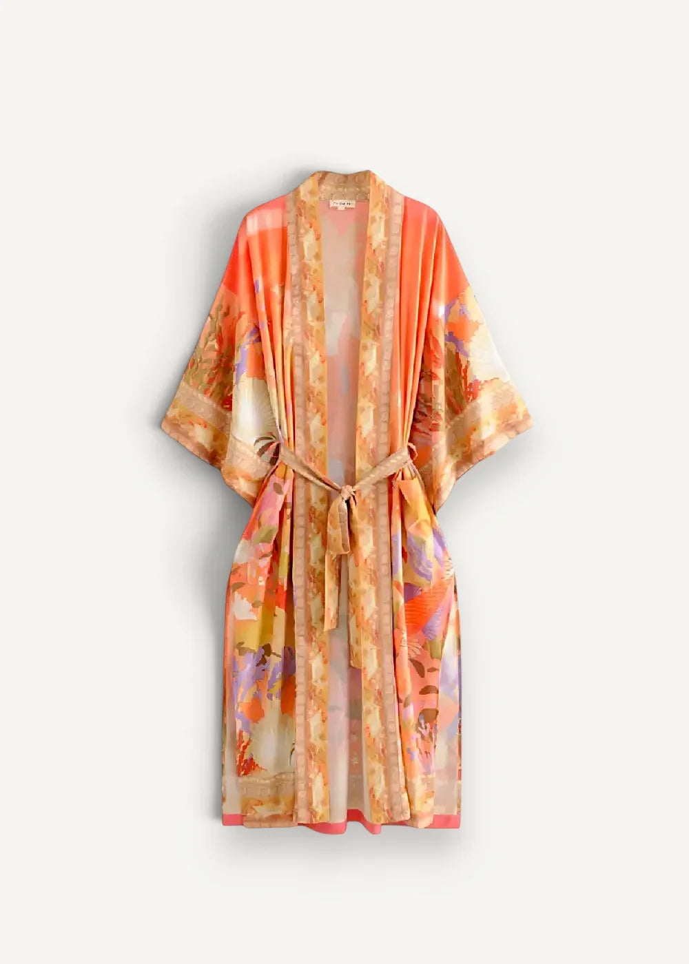 A sheer kimono cover up with long sleeves in vibrant orange and peach floral pattern with matching tie belt