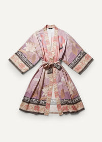 Sheer kimono soft pink and mauve floral robe with intricate patterned cuffs hem collar and matching belt