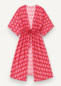 Sheer kimono swim cover up in vibrant red and pink leaf pattern with drawstring waist and lightweight fabric