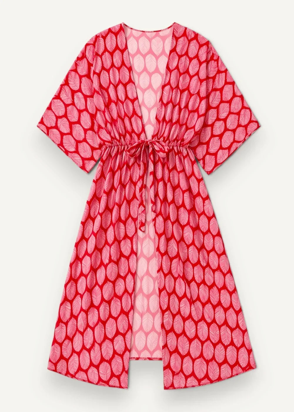 Sheer kimono swim cover up in vibrant red and pink leaf pattern with drawstring waist and lightweight fabric