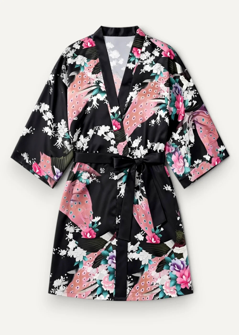 Short black satin robe with vibrant pink and white peacock floral pattern and matching black belt tied at waist