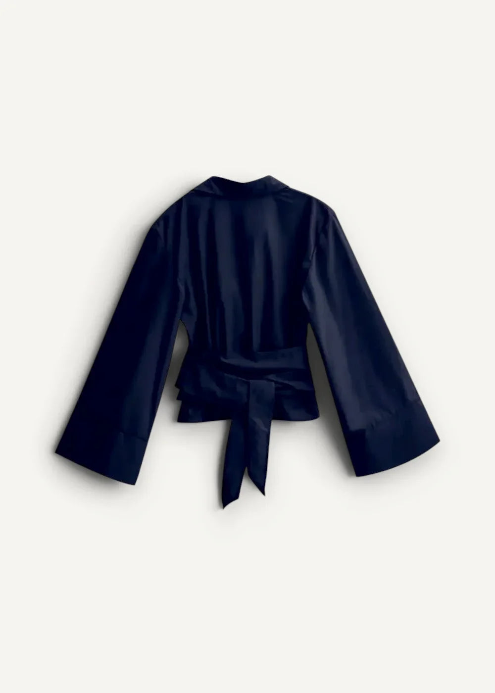 Navy blue satin short kimono cardigan with wide sleeves and tied waistband for a stylish cropped look