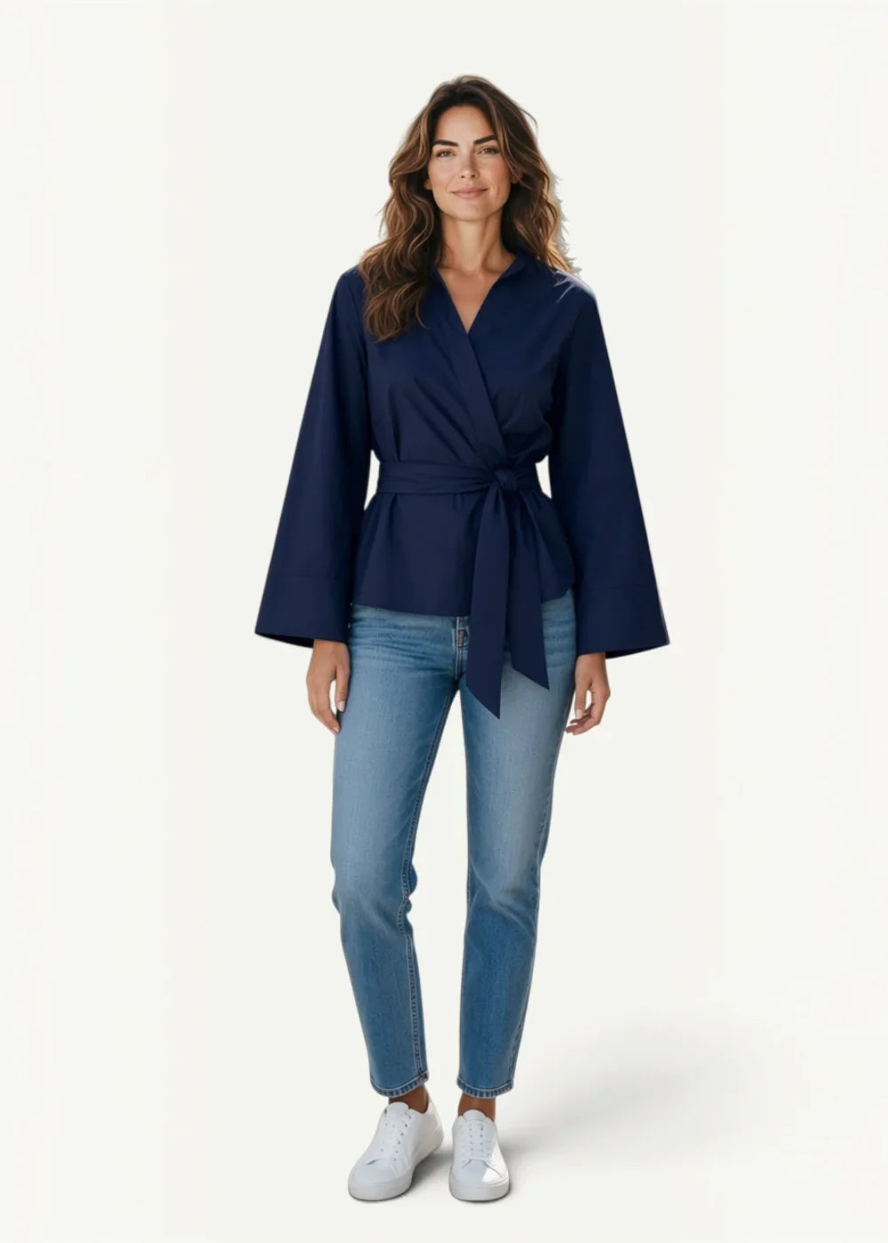 Navy blue short kimono cardigan wrap blouse with bell sleeves and tied waistband in lightweight fabric