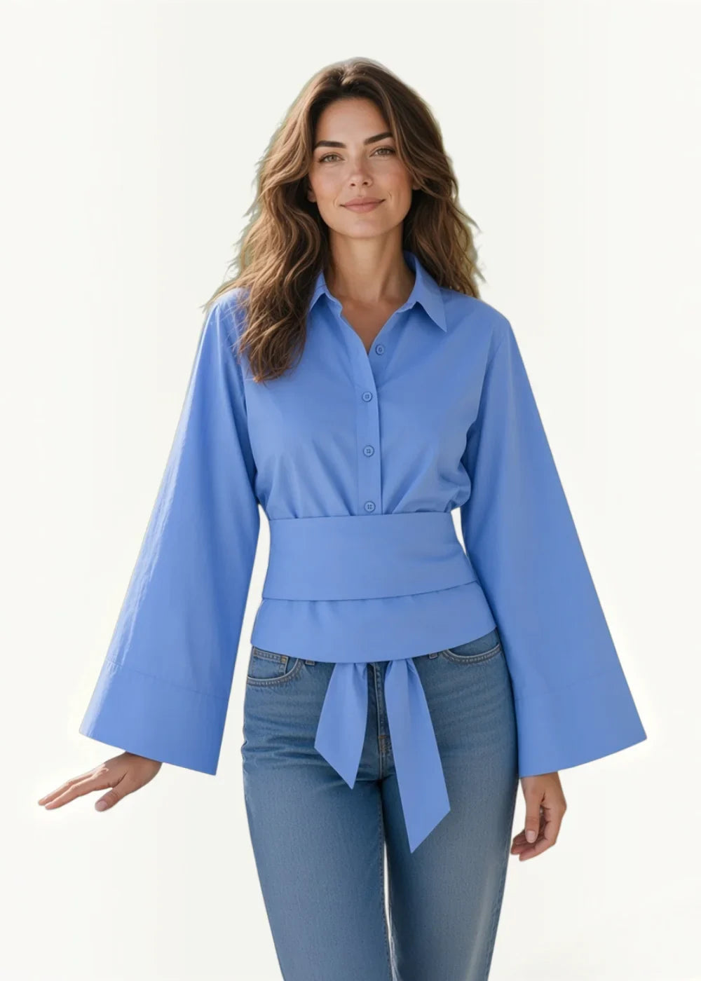 A light blue short kimono cover up blouse with long sleeves cinched waist and tied belt detail