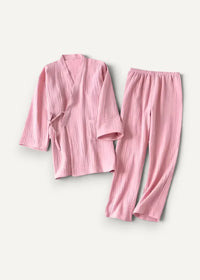 Soft pink ribbed cotton short kimono pajamas with v-neck top and matching pants for comfortable sleepwear