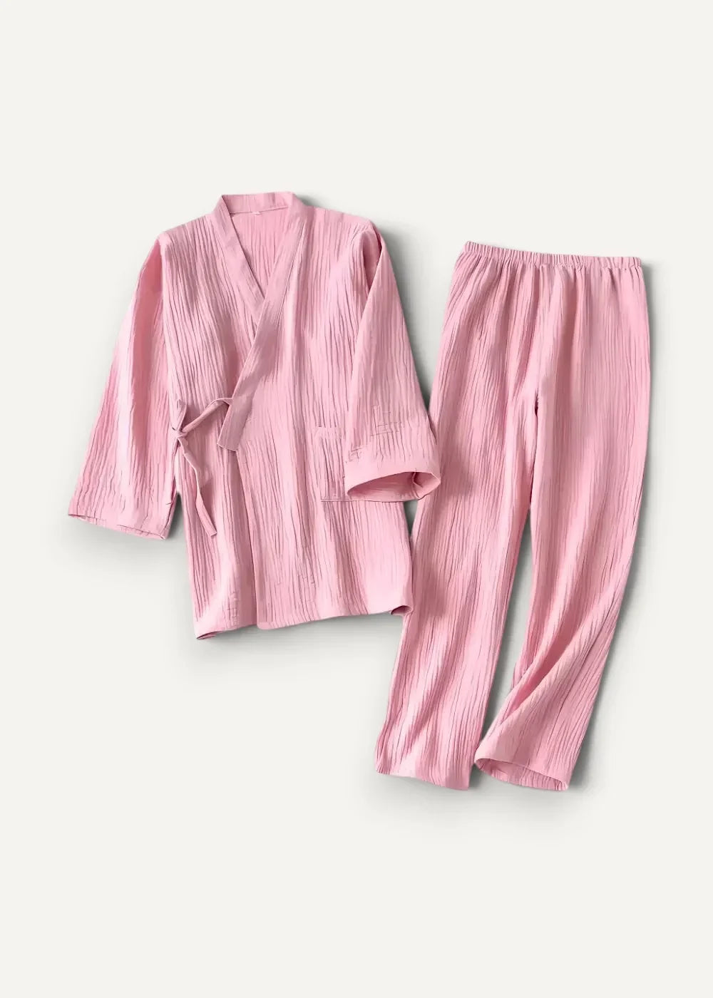 Soft pink ribbed cotton short kimono pajamas with v-neck top and matching pants for comfortable sleepwear