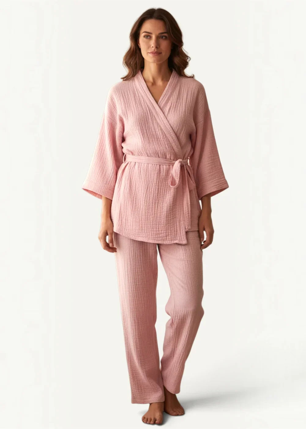 Short kimono pajamas set in soft pink textured cotton with a matching belt and wide-leg pants for comfortable lounging