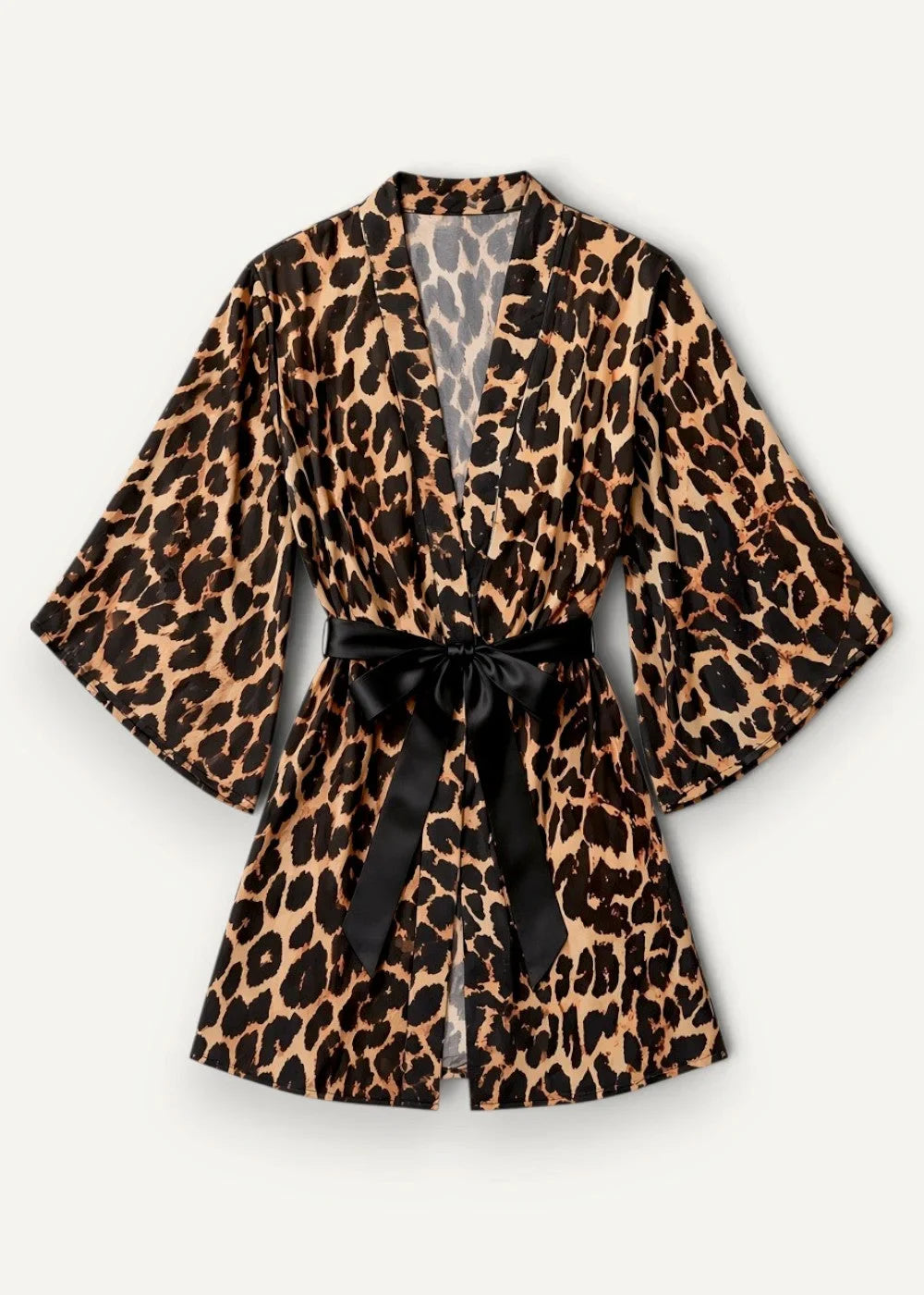 Short kimono robe in leopard-print satin with a black silk sash tied in a bow at the waist