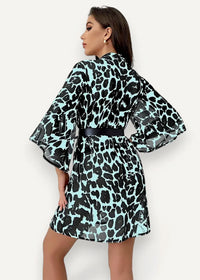 Short kimono robe featuring a mint green and black leopard print bell-sleeve mini dress with a black belt