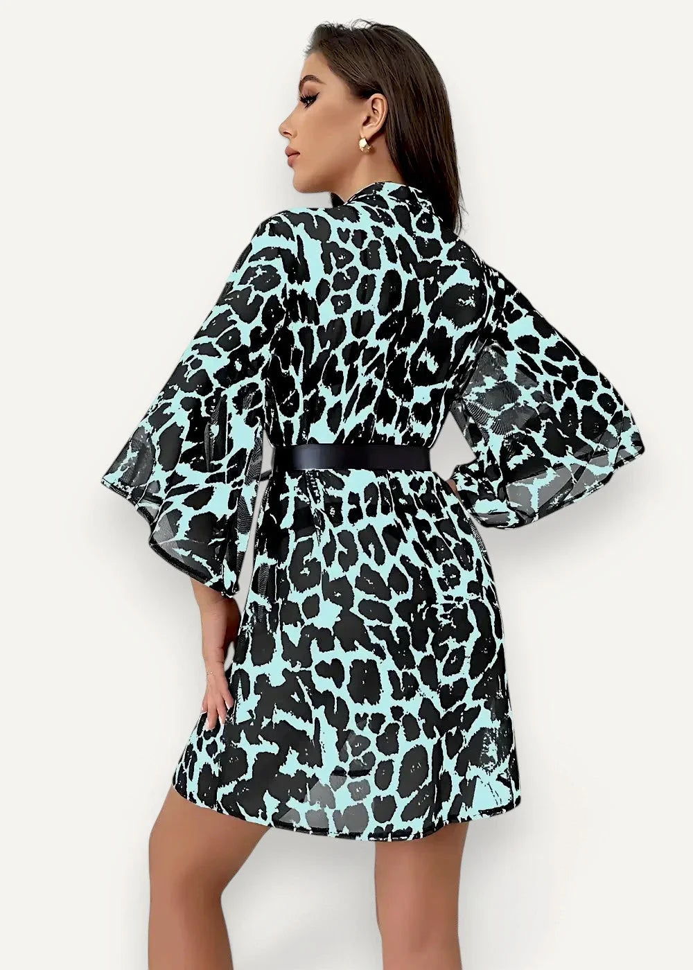 Short kimono robe featuring a mint green and black leopard print bell-sleeve mini dress with a black belt
