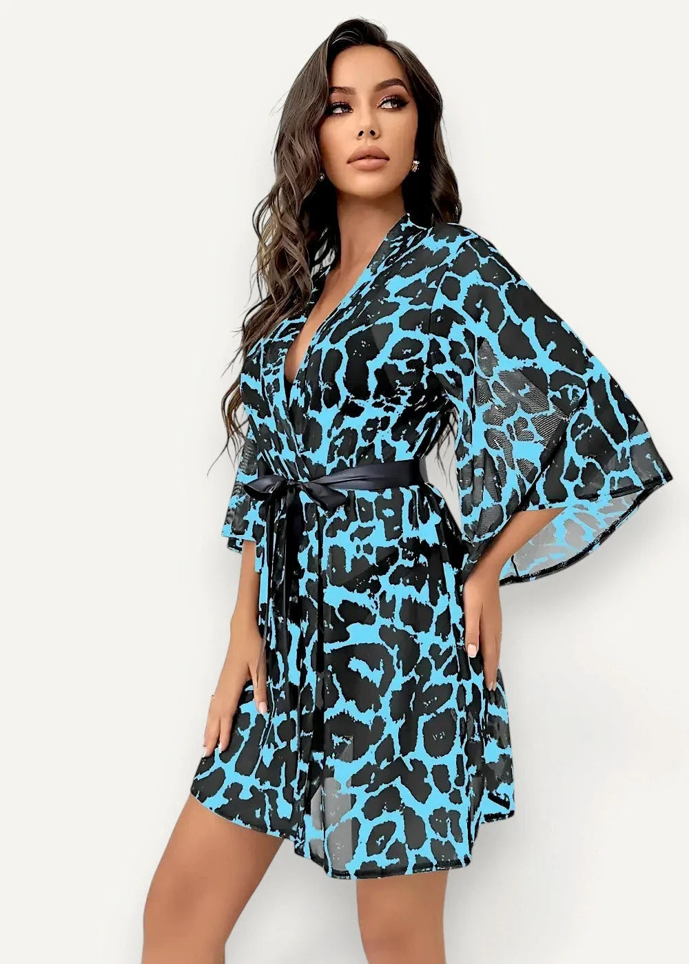 A vibrant blue and black leopard print short kimono robe with a belted waist in lightweight fabric